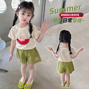 短袖t恤女2024夏季套装宽松女款儿童小个子，韩范童装猫咪