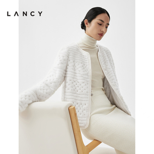 LANCY/朗姿2023秋冬白色水貂毛皮草外套女短款贵妇气质高级感