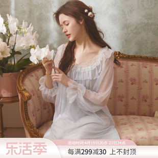 rosetree性感睡裙女春秋季长袖长款法式蕾丝复古宫廷公主风睡衣