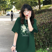 纯棉正肩短袖t恤女夏设计感小众港味chic半袖大版体恤墨绿色上衣