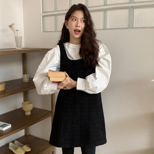 韩国chic冬季法式气质圆领泡泡，袖白色衬衫+u领粗花呢背心连衣裙女