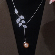 时尚气质银色叶子珍珠，镶钻毛衣链2023年高级感百搭项链西装链