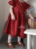 女童红色连衣裙棉麻质感露背系带飞袖宝宝裙子薄款夏季公主裙