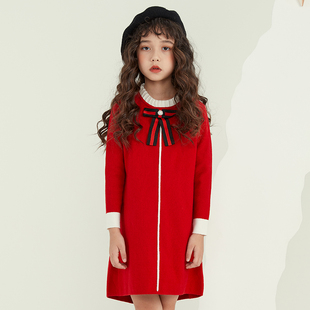 女童毛衣裙(毛衣裙)2024秋冬洋气红色连衣裙，复古针织长袖长款公主裙子
