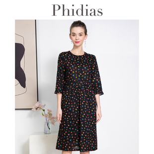 phidias2024年春季中袖黑色，碎花连衣裙法式收腰过膝中长裙女