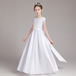 儿童礼服女童白色亮片晚礼服，中大童走秀演出服，钢琴声乐表演服短袖