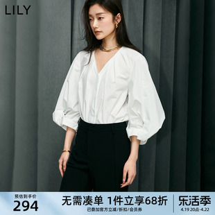 lily2024夏女装(夏女装)优雅气质通勤款，设计感复古灯笼袖宽松白衬衫女