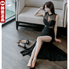 韩国名媛气质派对礼服性感镂空网纱蕾丝长款晚装无袖连衣裙黑