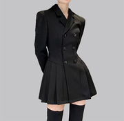 高级感黑色西装裙春冬修身中长款双排扣大码高腰A字西服外套