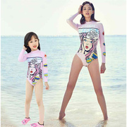 女童泳衣连体长袖防晒中小童亲子母女潜水服温泉速干显瘦韩国