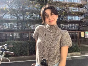 韩国thebarnnet高领短袖毛衣，23年气质复古纯色羊毛针织衫