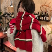 圣诞红色条纹针织毛线围巾，女冬季2023韩版百搭围脖学院风保暖