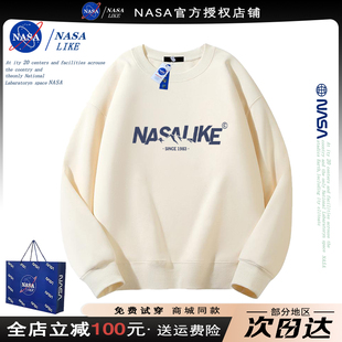 NASA联名美式复古加绒加厚卫衣男女情侣装2024秋冬季潮牌上衣