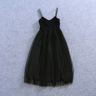黑色针织拼接网纱吊带裙连衣裙，打底裙无袖背心，裙中长修身仙女裙子