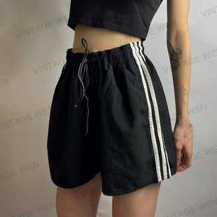 vintagewen美式复古黑色，系带休闲宽松高腰，运动短裤夏季女百搭