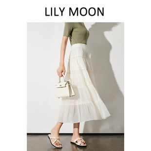 lilymoon夏季时尚法式气质褶皱中长款蛋糕半裙a字裙高腰百搭显瘦