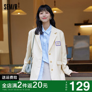 森马外套女中长款2024春季女装字母宽松西服气质黑色小西装潮