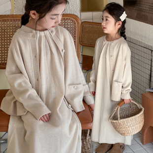 女童针织套装春装洋气开衫外套中大童气质韩版高级感背心裙两件套