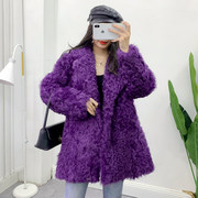 韩版羊羔毛皮草外套女秋冬款羊卷毛紫色真羊毛中长款皮毛一体大衣