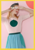 原创设计绿色圆点拼接粉色中袖修身爆针织衫百搭圆领七分袖女T恤