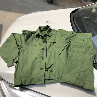 1983年军绿色夏季装甲兵工作服，军迷套装纯棉劳保服屁，头带疤修理服