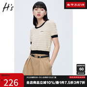 HS奥莱镂空针织衫2023夏季女装薄款黑白套头短袖修身短款上衣