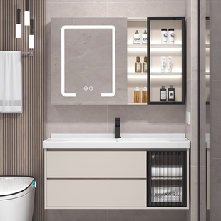杉太奶油浴室柜组合小户型一体面盆，镜简约卫生间，洗漱台智能洗手盆