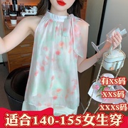 155cm小个子夏季XXXS显高150女装无袖立领碎花雪纺衫女绑带打底衫