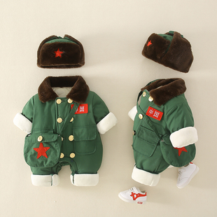 婴儿衣服冬装加厚保暖军大衣三件套新生儿男女宝宝小红军棉衣套装