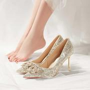 水晶鞋婚鞋新娘鞋女2024禾秀婚纱两穿结婚鞋香槟色法式高跟鞋