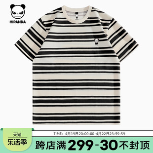 hipanda你好熊猫潮牌黑白条纹短袖T恤男2024夏季情侣宽松体恤