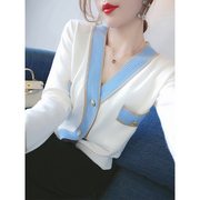 2022秋冬季韩版针织衫女开衫，v领宽松毛衣，白色长袖打底衫外套上衣