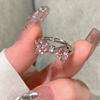 s925银戒指女粉钻蝴蝶结戒指，女小众设计锆石素圈戒指开口食指指环