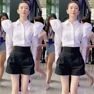 童瑶同款收腰白色衬衫，女2021年夏季长袖，百搭修身两件套韩版衬衣