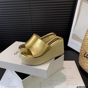 现货高定！坡跟厚底鱼嘴凉鞋松糕草编防水台一字高跟凉拖鞋女夏