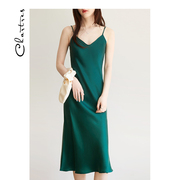重磅真丝吊带裙高品质，桑蚕丝v领长裙，墨绿色吊带连衣裙女
