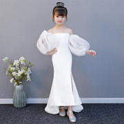裙童走秀女儿童礼服，2024白色长款一字，肩主持人欧美演出服公主