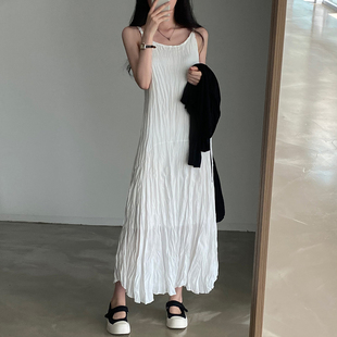 韩国chic夏季法式复古褶皱设计长款雪纺吊带连衣裙女打底背心裙潮