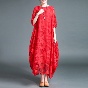 蕾丝连衣裙女春夏2024民族风，长裙品牌超仙气复古宽松红色袍子