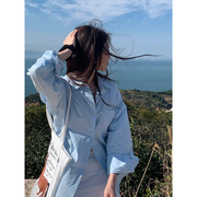 自制韩版气质蓝色翻领衬衫女春季慵懒风，高级感外搭防晒衬衣