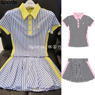 韩国chucuchu高尔夫球服23新女竖条纹，拼色翻领t桖半身短裙
