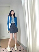 温柔风蓝色短款针织开衫女秋季2023韩系毛衣气质外套上衣