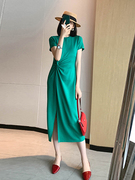 绿色连衣裙夏季女装小众设计梨型身材大码遮肚子别致独特绝美裙子