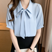 蓝色短袖雪纺衬衫女夏季小个子垂感韩系飘带职业薄款气质衬衣