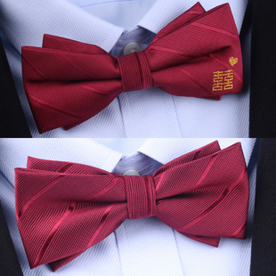 时尚双层红色领结男结婚新郎，婚礼喜蝴蝶结，伴郎兄弟团黑色西装领带