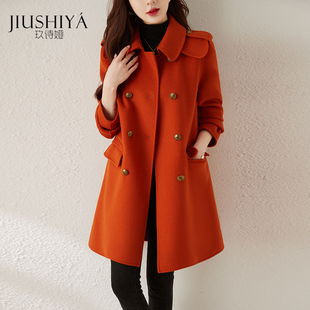玖诗娅短款橘色呢子大衣，品牌冬季双排扣英伦，风正肩毛呢外套女