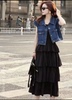 a212韩版时尚单排扣无袖牛仔，短外套女夏季坎肩马甲黑色蛋糕裙