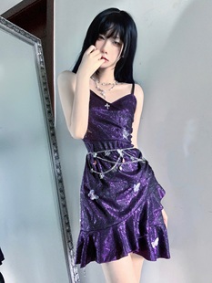 蝴蝶星空》紫色昭和公主，复古少女连衣裙，手作超精致小礼服吊带裙子