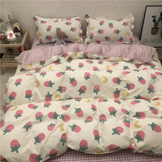 ins风粉色草莓纯棉床上四件套，加厚床单人，学生三件套少女心被套1.5