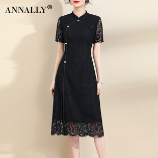 annally夏季优雅气质复古旗袍，a字中长款黑色蕾丝连衣裙女